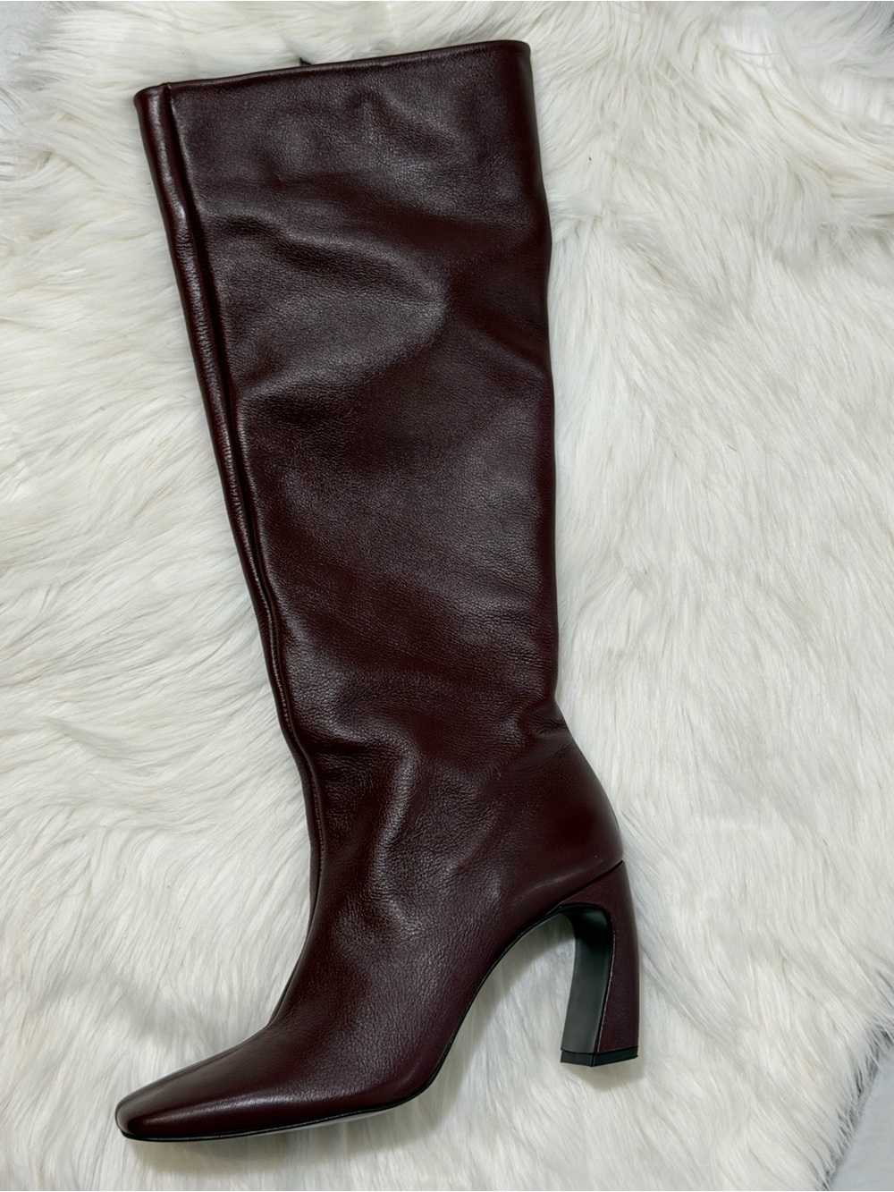 Zara Leather Oxblood Knee-High Square Toe Architectural Heel Women's Boots 10